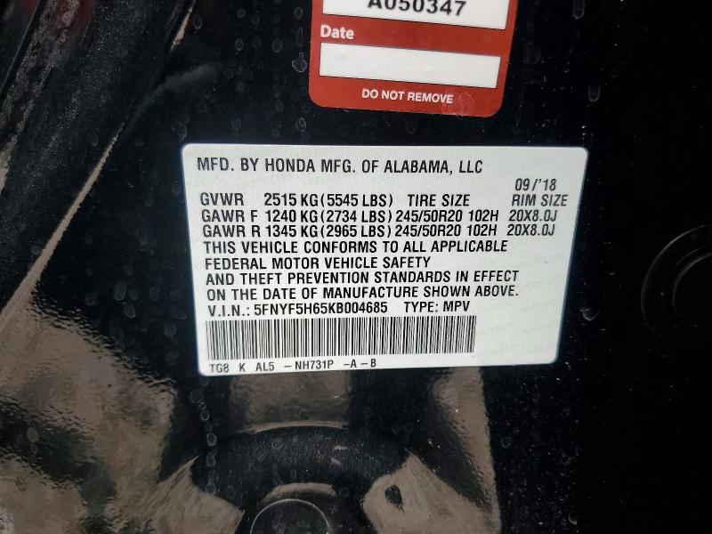 Aukcja sprzedaży 2019 Honda Pilot, vin: 5FNYF5H65KB004685, numer aukcji: 61574966