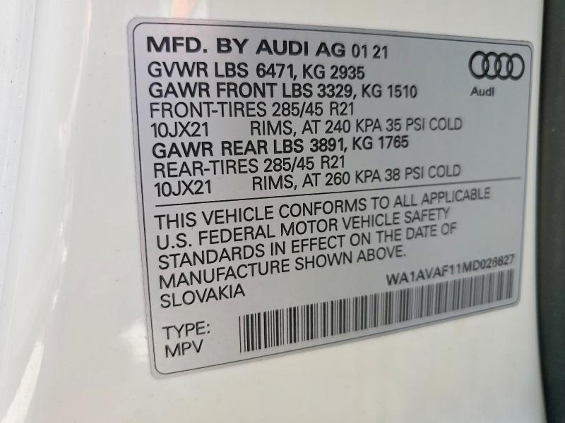 Aukcja sprzedaży 2021 Audi Q8, vin: WA1AVAF11MD026627, numer aukcji: 62283946