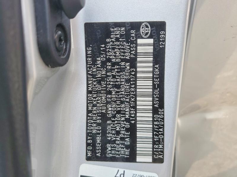 Aukcja sprzedaży 2014 Toyota Camry, vin: 4T4BF1FK7ER411743, numer aukcji: 62310226