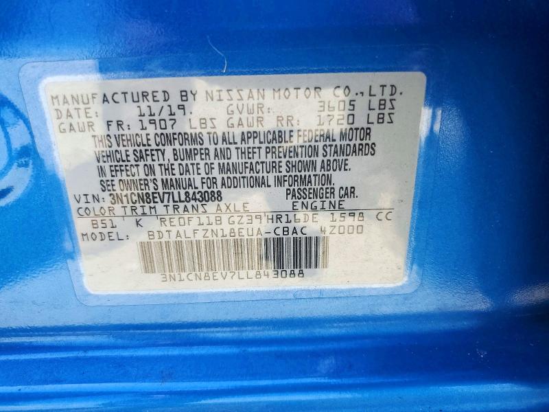 Продаж на аукціоні авто 2020 Nissan Versa, vin: 3N1CN8EV7LL843088, номер лоту: 61323916
