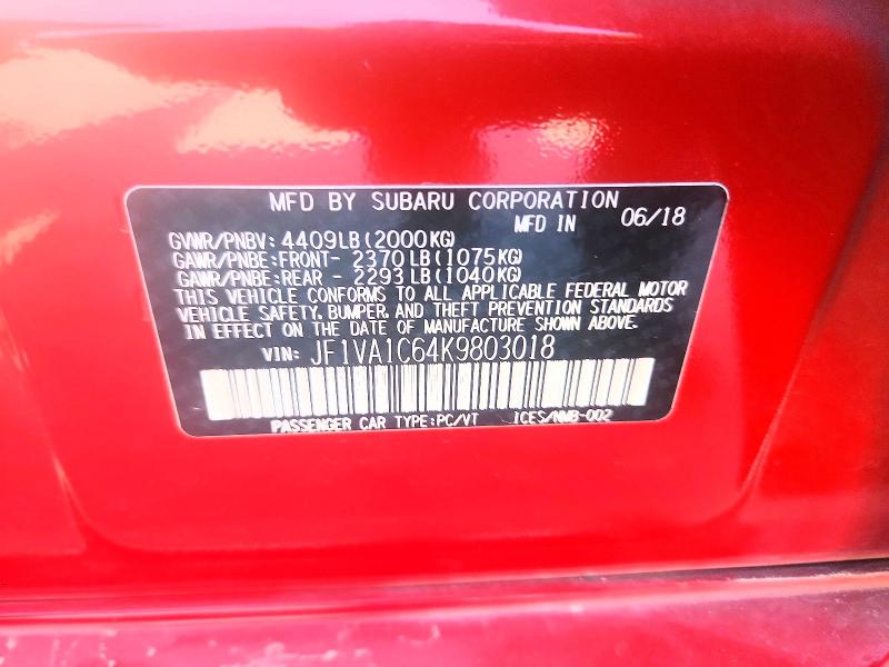 Продажа на аукционе авто 2019 Subaru Wrx, vin: JF1VA1C64K9803018, номер лота: 60064096