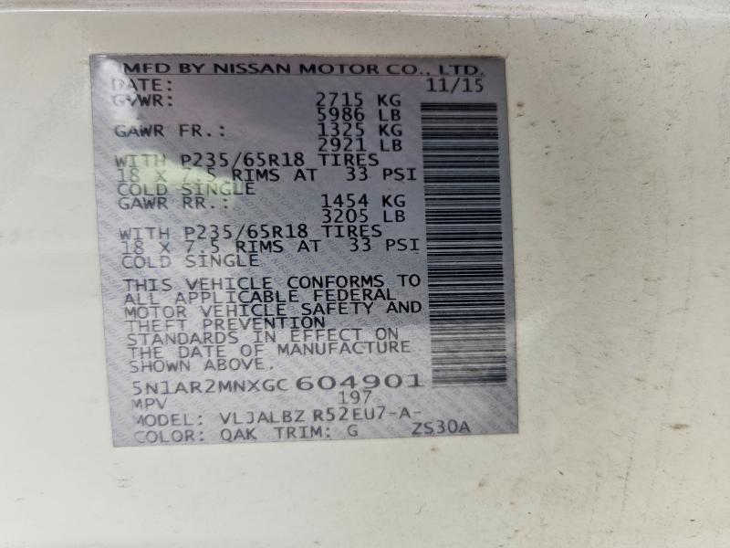 Продаж на аукціоні авто 2016 Nissan Pathfinder, vin: 5N1AR2MNXGC604901, номер лоту: 63298916