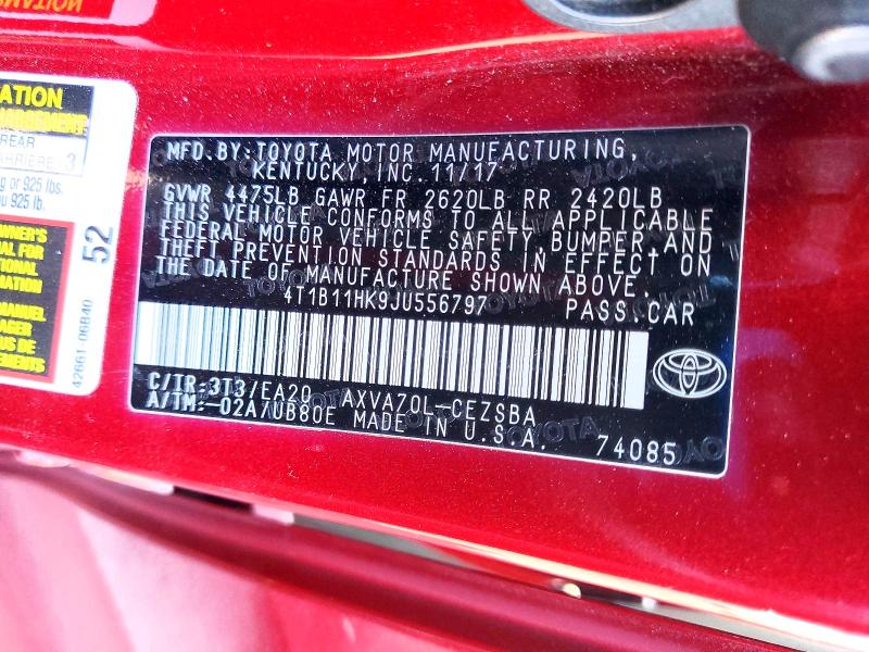 2018 Toyota Camry მანქანა იყიდება აუქციონზე, vin: 4T1B11HK9JU556797, აუქციონის ნომერი: 60053516