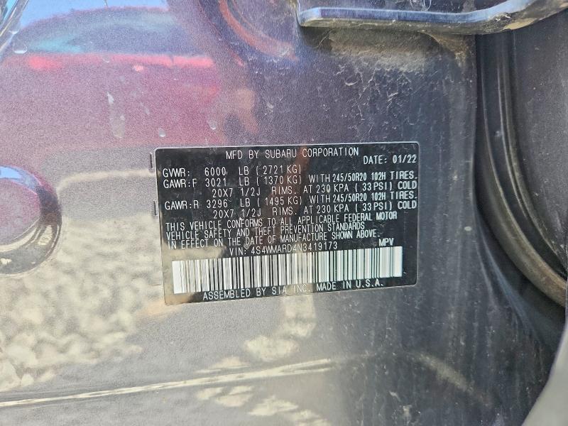 56803096 :رقم المزاد ، 4S4WMARD4N3419173 vin ، 2022 Subaru Ascent مزاد بيع