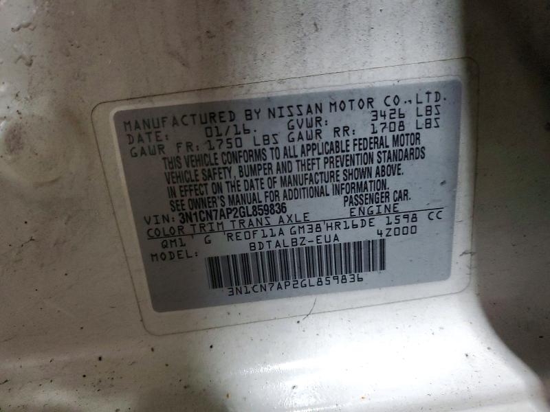 Продаж на аукціоні авто 2016 Nissan Versa, vin: 3N1CN7AP2GL859836, номер лоту: 59172936