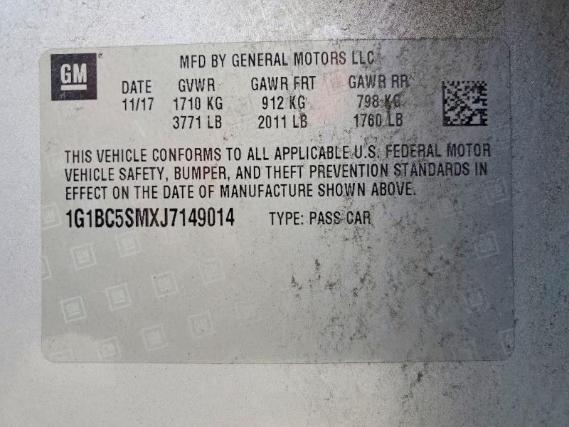 2018 Chevrolet Cruze მანქანა იყიდება აუქციონზე, vin: 1G1BC5SMXJ7149014, აუქციონის ნომერი: 59985886