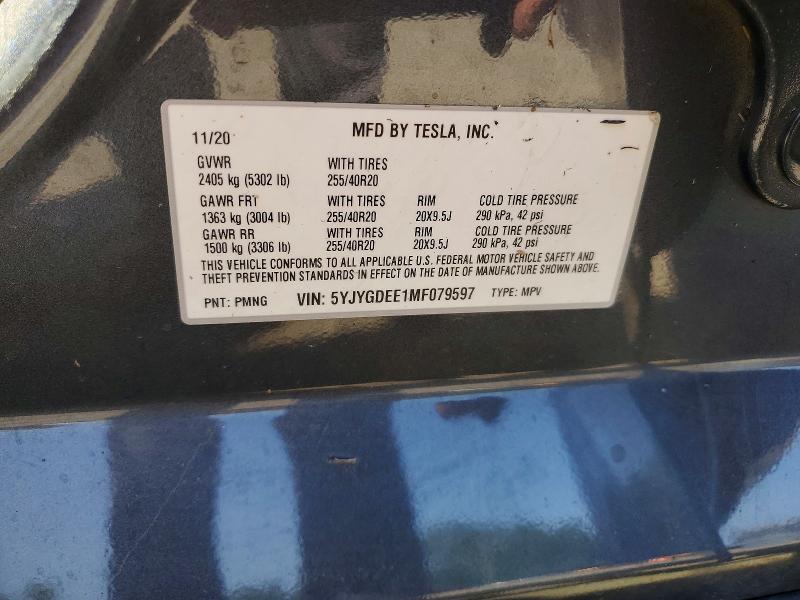 60432266 :رقم المزاد ، 5YJYGDEE1MF079597 vin ، 2021 Tesla Model Y مزاد بيع