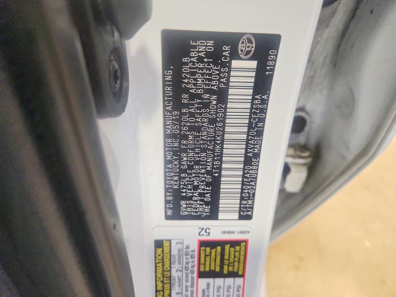 2019 Toyota Camry მანქანა იყიდება აუქციონზე, vin: 4T1B11HK4KU261902, აუქციონის ნომერი: 61393386