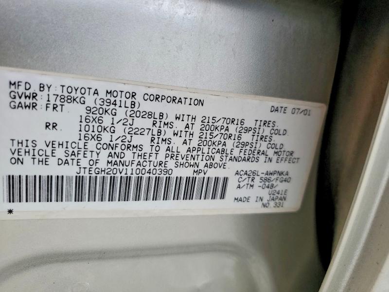 61972416 :رقم المزاد ، JTEGH20V110040390 vin ، 2001 Toyota Rav4 مزاد بيع