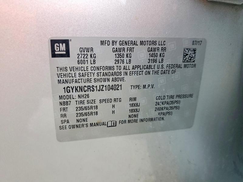 62308356 :رقم المزاد ، 1GYKNCRS1JZ104021 vin ، 2018 Cadillac Xt5 مزاد بيع