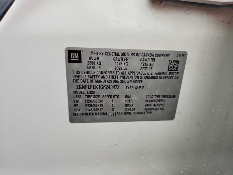 Продаж на аукціоні авто 2016 Chevrolet Equinox, vin: 2GNFLFEK1G6240472, номер лоту: 60388316