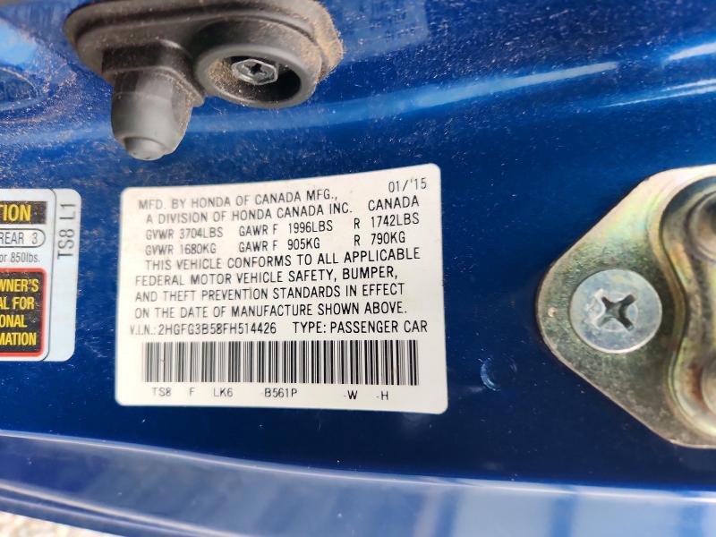 Aukcja sprzedaży 2015 Honda Civic, vin: 2HGFG3B58FH514426, numer aukcji: 60164006