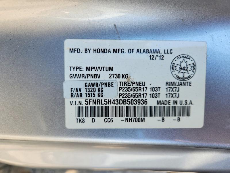 Продаж на аукціоні авто 2013 Honda Odyssey, vin: 5FNRL5H43DB503936, номер лоту: 62159956