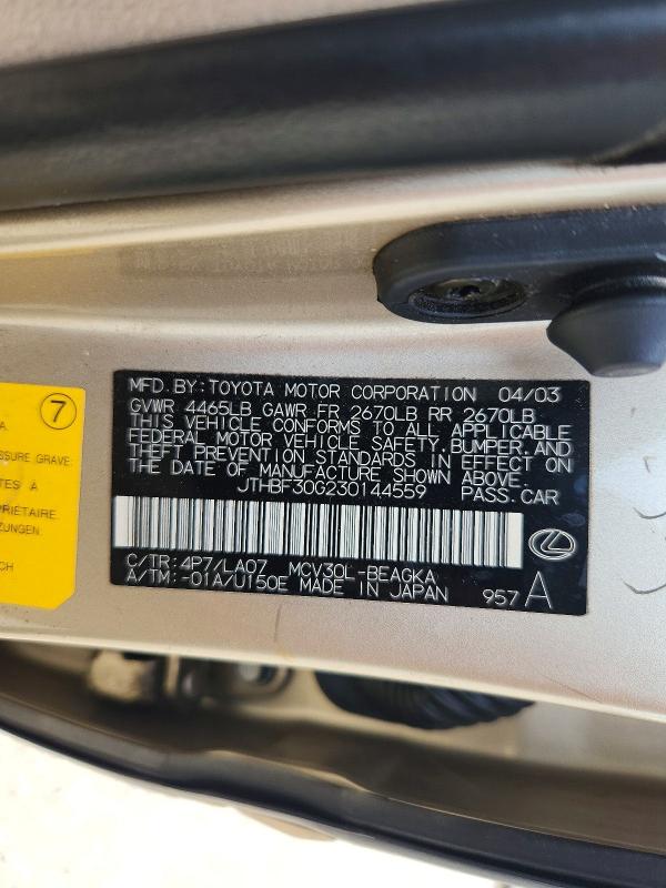 Продаж на аукціоні авто 2003 Lexus Es, vin: JTHBF30G230144559, номер лоту: 59997246