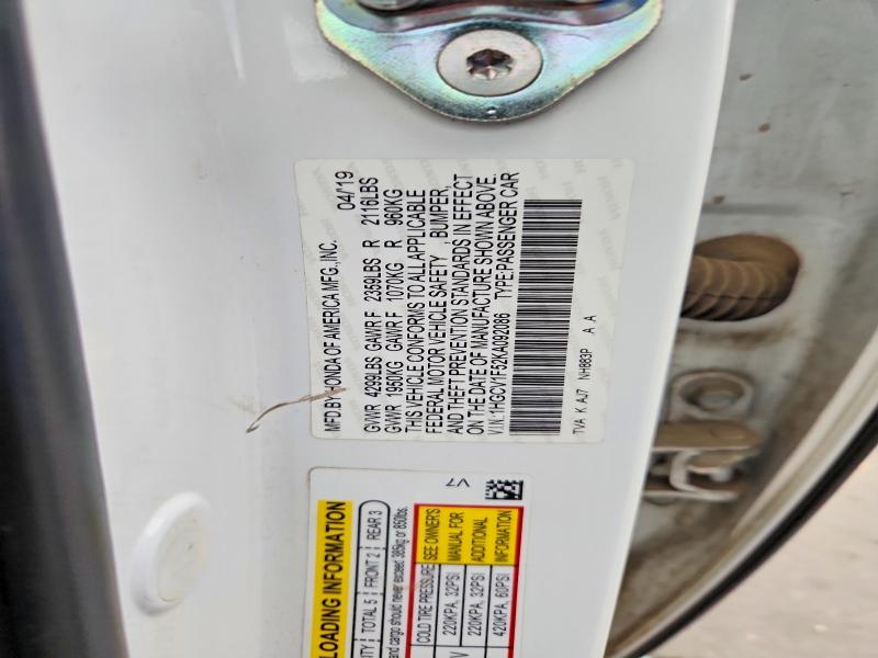 2019 Honda Accord მანქანა იყიდება აუქციონზე, vin: 1HGCV1F52KA092086, აუქციონის ნომერი: 61973676