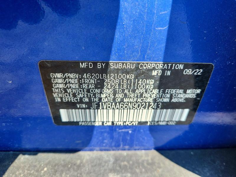 Продаж на аукціоні авто 2022 Subaru Wrx, vin: JF1VBAA66N9021243, номер лоту: 60364876