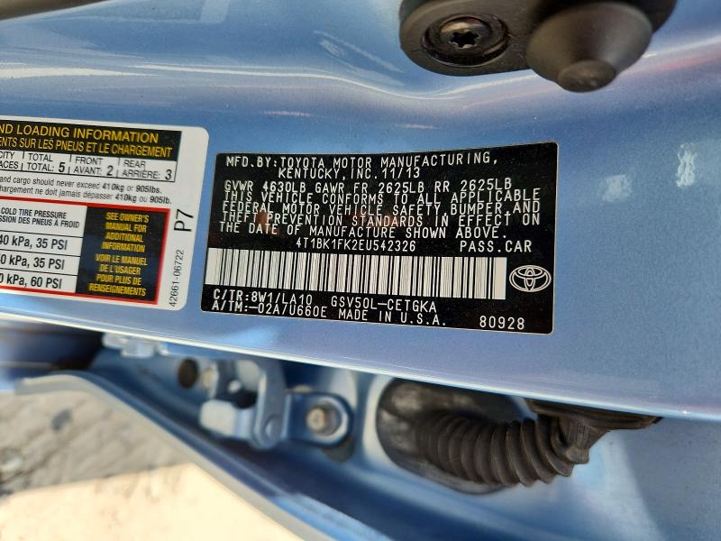 2014 Toyota Camry მანქანა იყიდება აუქციონზე, vin: 4T1BK1FK2EU542326, აუქციონის ნომერი: 59988376