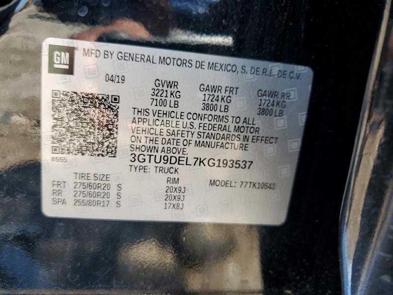 2019 Gmc Sierra მანქანა იყიდება აუქციონზე, vin: 3GTU9DEL7KG193537, აუქციონის ნომერი: 59332026