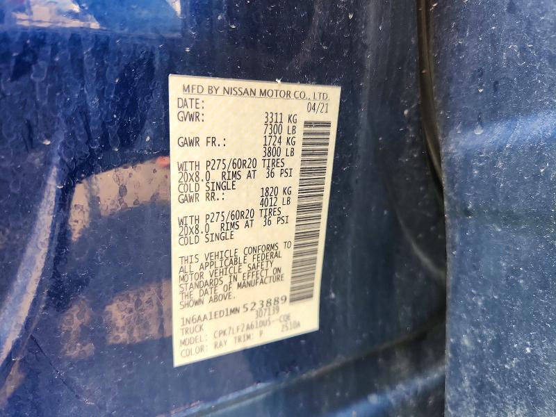 2021 Nissan Titan მანქანა იყიდება აუქციონზე, vin: 1N6AA1ED1MN523889, აუქციონის ნომერი: 63051446