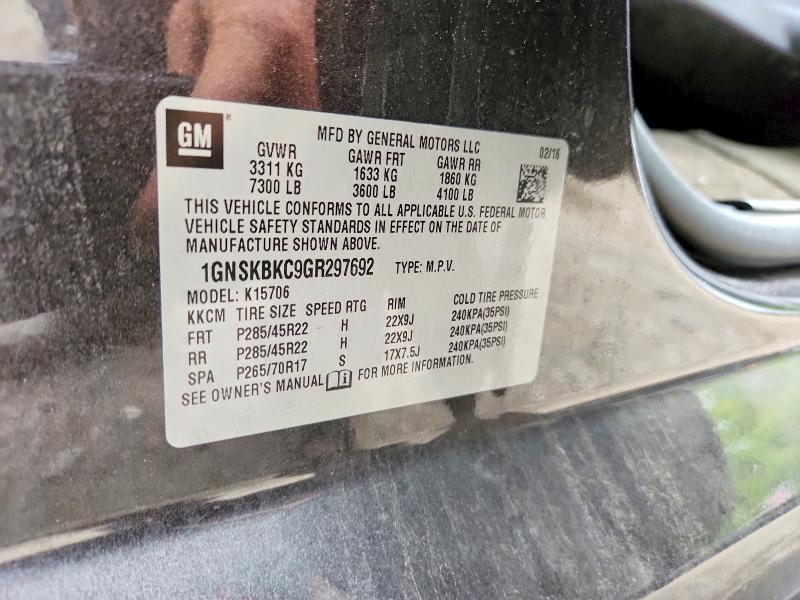 Продаж на аукціоні авто 2016 Chevrolet Tahoe, vin: 1GNSKBKC9GR297692, номер лоту: 62357956