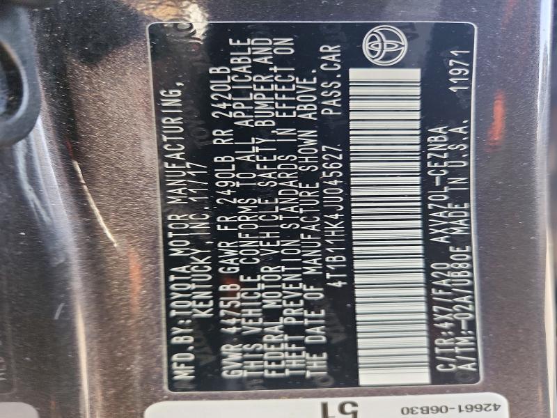 2018 Toyota Camry მანქანა იყიდება აუქციონზე, vin: 4T1B11HK4JU045627, აუქციონის ნომერი: 59913056