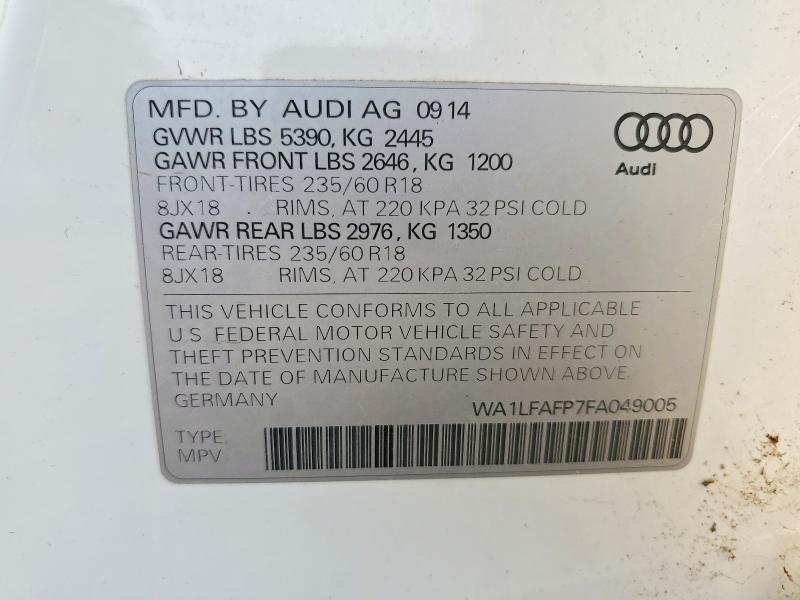 2015 Audi Q5 მანქანა იყიდება აუქციონზე, vin: WA1LFAFP7FA049005, აუქციონის ნომერი: 63052636