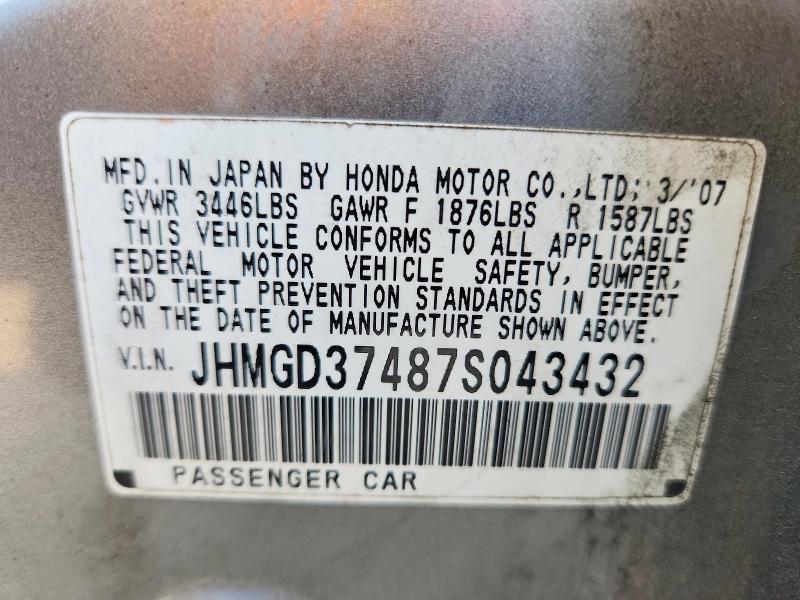 2007 Honda Fit მანქანა იყიდება აუქციონზე, vin: JHMGD37487S043432, აუქციონის ნომერი: 59615416