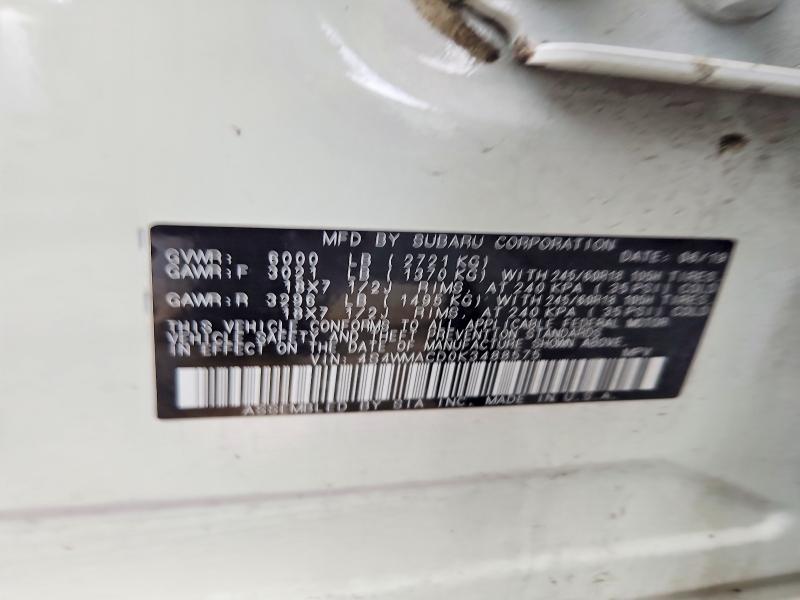 2019 Subaru Ascent მანქანა იყიდება აუქციონზე, vin: 4S4WMACD0K3488575, აუქციონის ნომერი: 62743506