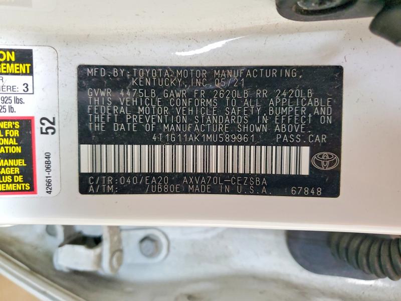 2021 Toyota Camry მანქანა იყიდება აუქციონზე, vin: 4T1G11AK1MU589961, აუქციონის ნომერი: 62579966
