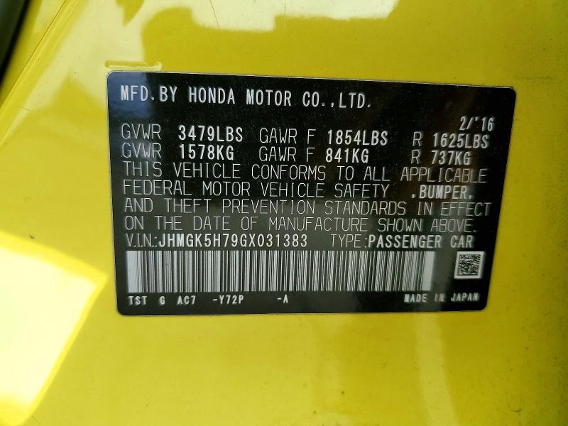 Продажа на аукционе авто 2016 Honda Fit, vin: JHMGK5H79GX031383, номер лота: 61943396