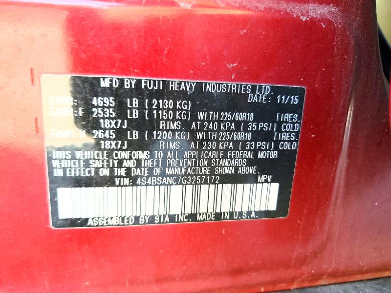 2016 Subaru Outback მანქანა იყიდება აუქციონზე, vin: 4S4BSANC7G3257172, აუქციონის ნომერი: 59283486