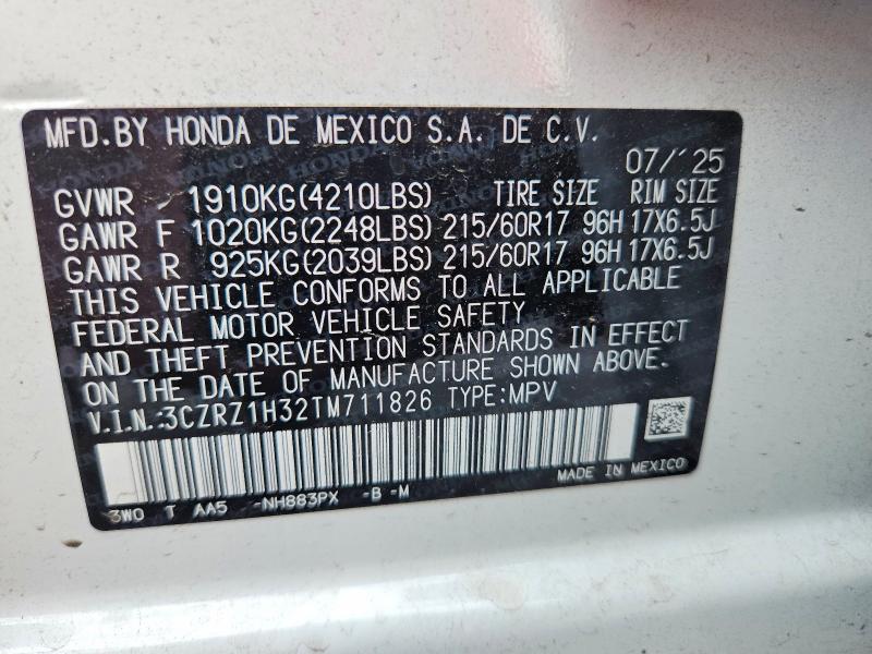 2026 Honda Hr-v მანქანა იყიდება აუქციონზე, vin: 3CZRZ1H32TM711826, აუქციონის ნომერი: 61343026