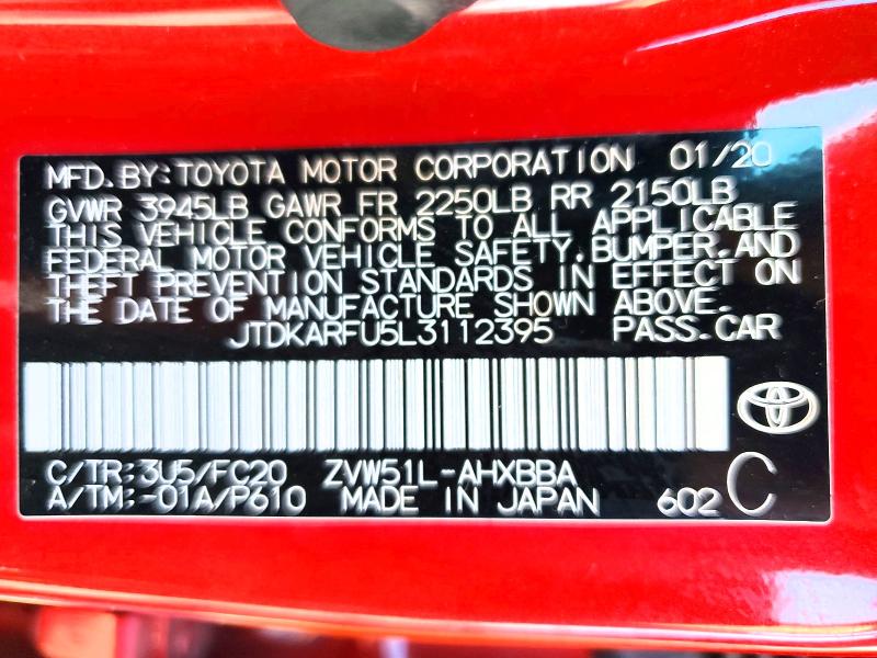 Aukcja sprzedaży 2020 Toyota Prius, vin: JTDKARFU5L3112395, numer aukcji: 62256036
