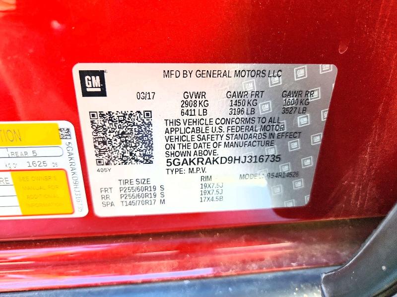 2017 Buick Enclave მანქანა იყიდება აუქციონზე, vin: 5GAKRAKD9HJ316735, აუქციონის ნომერი: 63130366