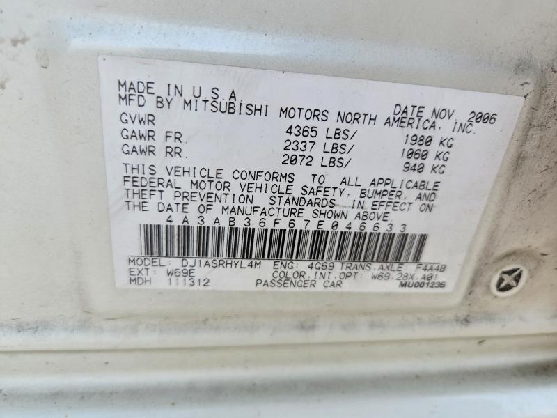 63201986 :رقم المزاد ، 4A3AB36F67E046633 vin ، 2007 Mitsubishi Galant مزاد بيع