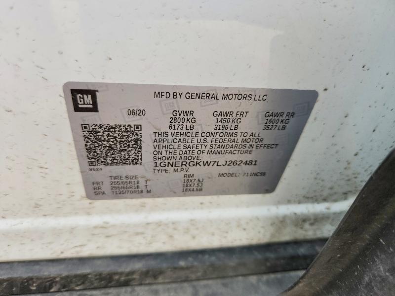 62965226 :رقم المزاد ، 1GNERGKW7LJ262481 vin ، 2020 Chevrolet Traverse مزاد بيع