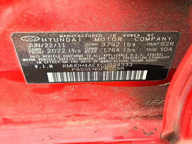 61278536 :رقم المزاد ، KMHDH4AEXCU224333 vin ، 2012 Hyundai Elantra مزاد بيع