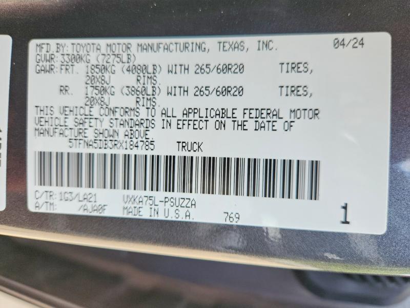 Продажа на аукционе авто 2024 Toyota Tundra, vin: 5TFNA5DB3RX184785, номер лота: 61591406