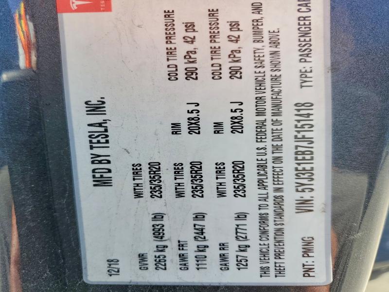 61928696 :رقم المزاد ، 5YJ3E1EB7JF151418 vin ، 2018 Tesla Model 3 مزاد بيع