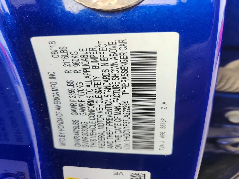 2018 Honda Accord მანქანა იყიდება აუქციონზე, vin: 1HGCV1F37JA222294, აუქციონის ნომერი: 60663356