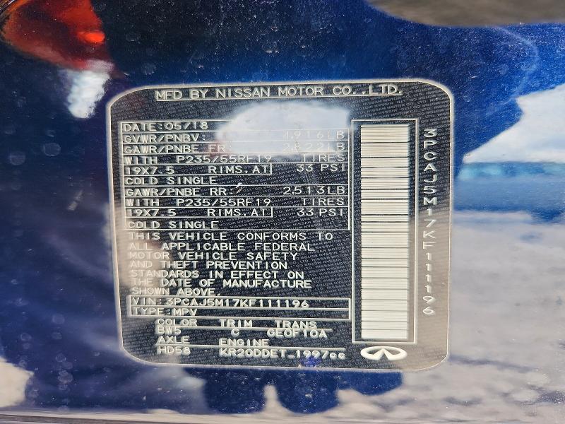 60499436 :رقم المزاد ، 3PCAJ5M17KF111196 vin ، 2019 Infiniti Qx50 مزاد بيع