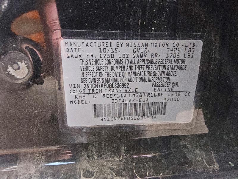 58973466 :رقم المزاد ، 3N1CN7AP0GL836992 vin ، 2016 Nissan Versa مزاد بيع