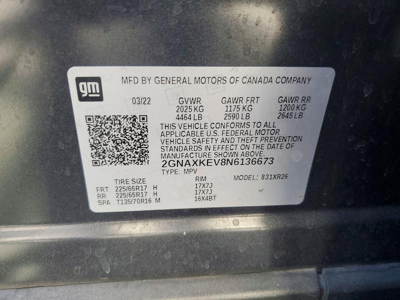Продаж на аукціоні авто 2022 Chevrolet Equinox, vin: 2GNAXKEV8N6136673, номер лоту: 60145396