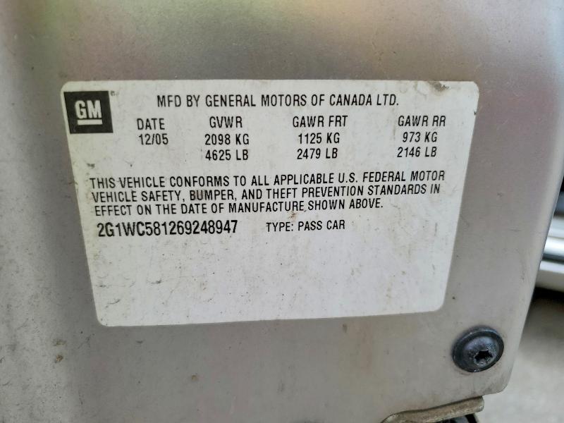 59134826 :رقم المزاد ، 2G1WC581269248947 vin ، 2006 Chevrolet Impala مزاد بيع
