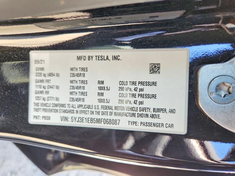 Aukcja sprzedaży 2021 Tesla Model 3, vin: 5YJ3E1EB5MF068087, numer aukcji: 60968356