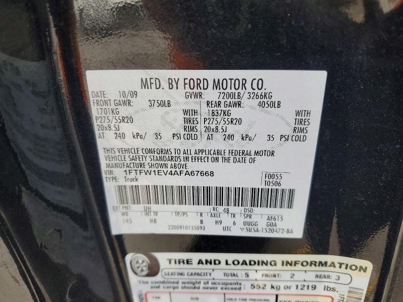 60631416 :رقم المزاد ، 1FTFW1EV4AFA67668 vin ، 2010 Ford F150 مزاد بيع