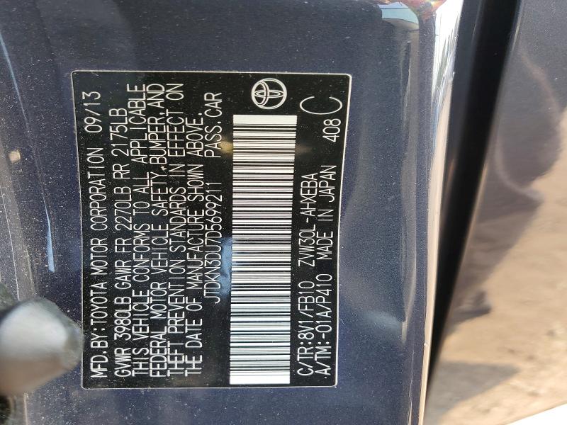 60681066 :رقم المزاد ، JTDKN3DU7D5699211 vin ، 2013 Toyota Prius مزاد بيع