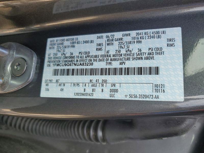 59779336 :رقم المزاد ، 1FMCU9G67NUA83230 vin ، 2022 Ford Escape مزاد بيع