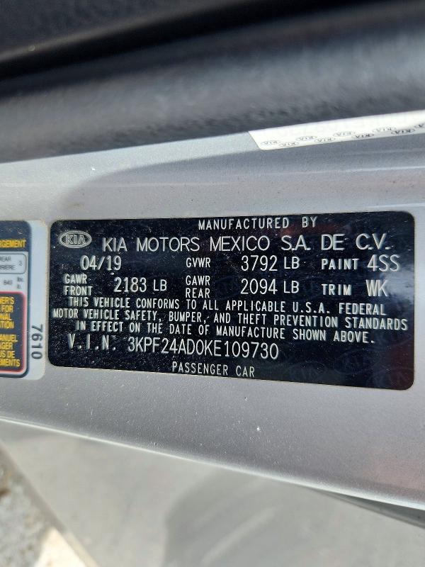 Aukcja sprzedaży 2019 Kia Forte, vin: 3KPF24AD0KE109730, numer aukcji: 59199786