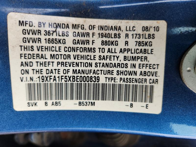 Auction sale of the 2011 Honda Civic, vin: 19XFA1F5XBE000839, lot number: 61900106